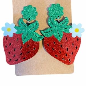 Glittery Strawberry Earrings with Floral Accents